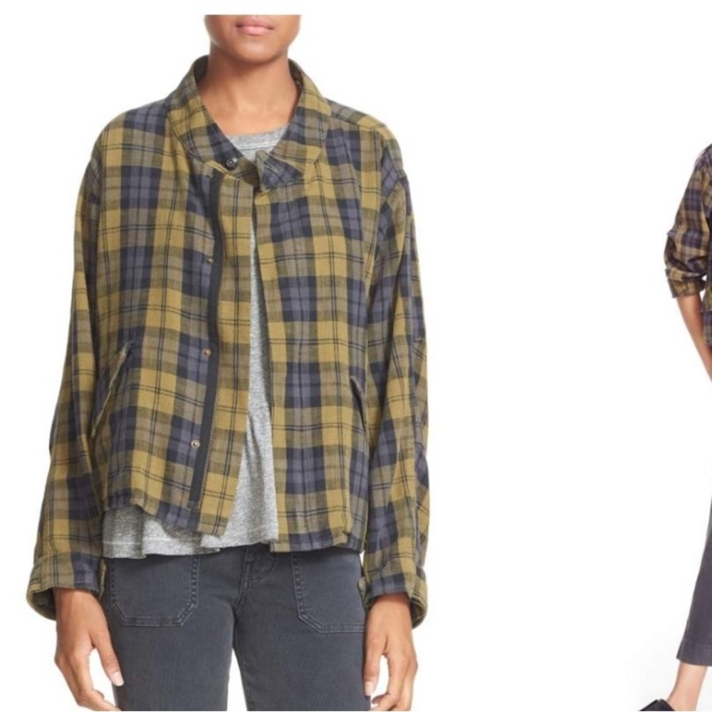 The Great. Swing Zip Plaid Jacket 100% Cotton Green Blue Size 0 / XS